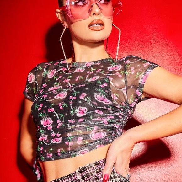 CHERRY RUCHED MESH TEE - Picture 3 of 3